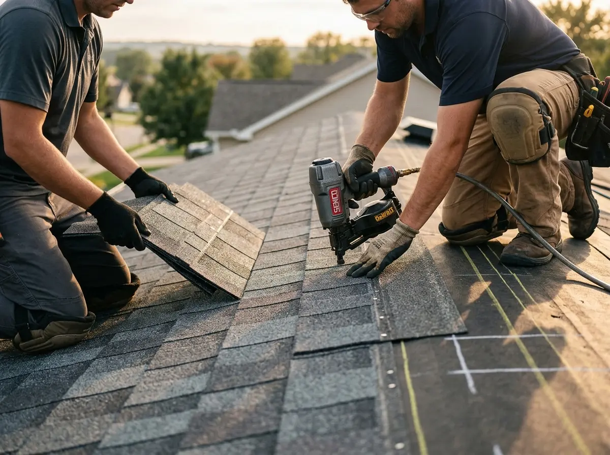 Professional roofer working on a residential roof in Aubrey